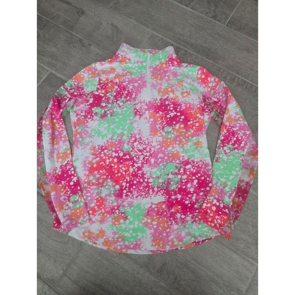 IBKUL Womens Small Pink Green Splatter Print Quarter Zip Long Sleeve Sun Shirt